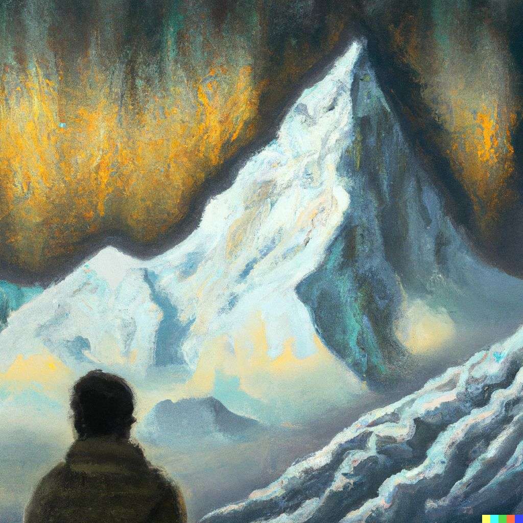 someone gazing at Mount Everest, painting, surrealism style